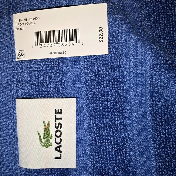 Lacoste Croc Hand Towel Color Ocean Blue 16"x30" set of 4 - Picture 2 of 4